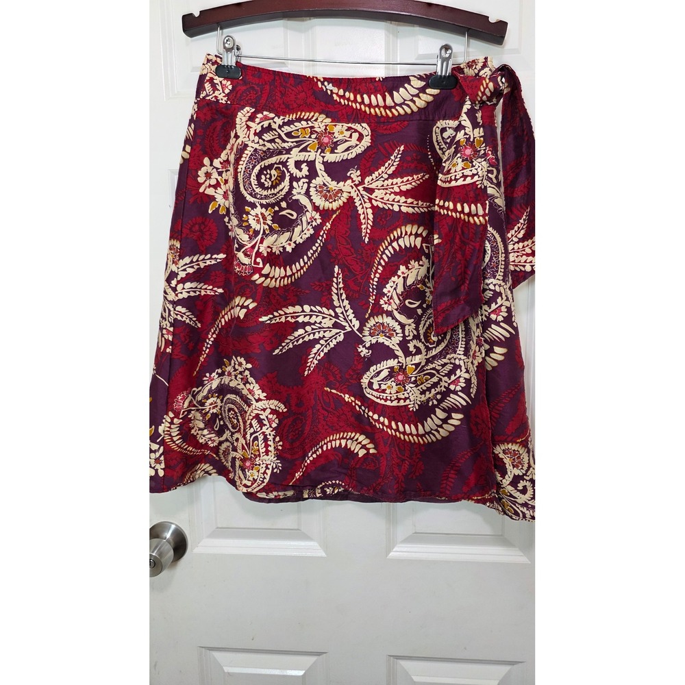 Talbots Paisley Wrap Skirt Womens 12 Burgundy Red Silk Blend Side Tie Lined